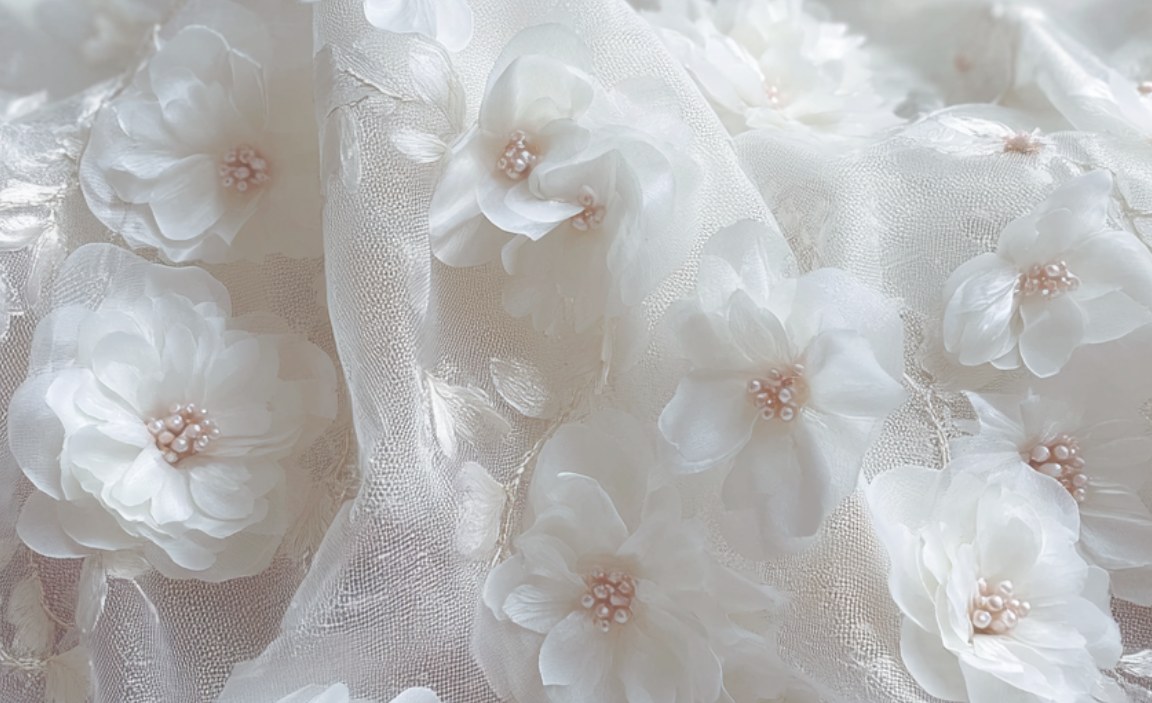 Close-up of a white floral beaded lace